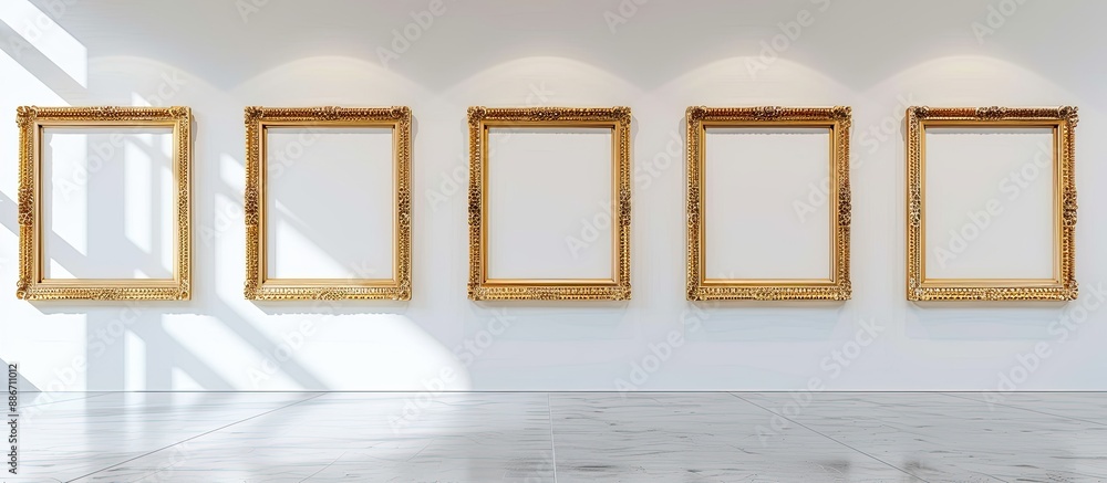 Poster vintage gold frames displayed on a white background in an art gallery with copy space image