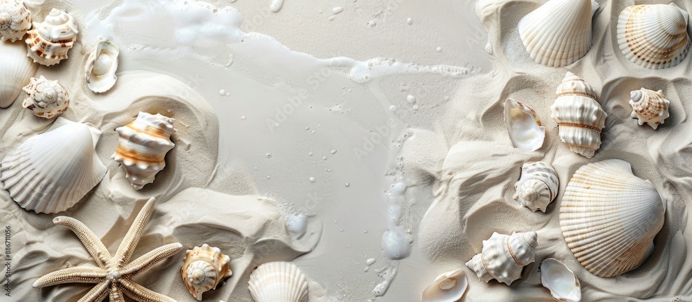 Poster silver sand background with sea shells displayed in a photo frame copy space image