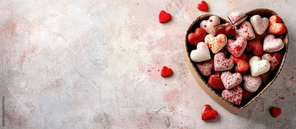 Poster heart shaped cardboard box filled with assorted hearts placed on a light background with ample copy 