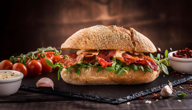 sandwich, speck, mediterran, k&auml;se, rucola, essen, neu, close up, schiefer, modern, makro, getrocknete, tomate, Pfeffer, salat, baguette, br&ouml;tchen, h&ouml;lzern, anlasser, lunch, werbetafel, gastronomie, ad