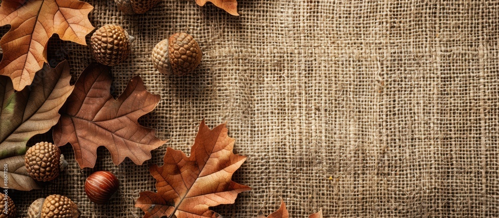 Poster fall harvest concept with acorns and oak leaves on burlap creating an autumn inspired setting with a