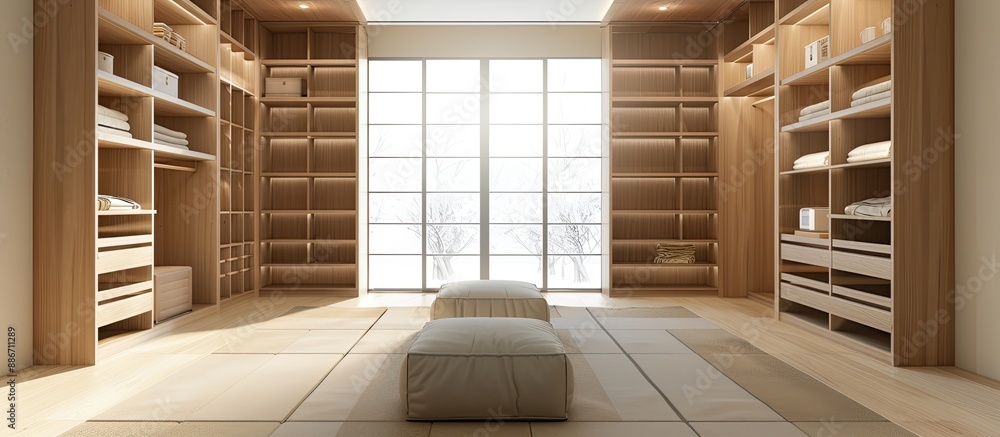 Aufkleber a fitted walk in closet with square empty shelves showcasing a copy space image