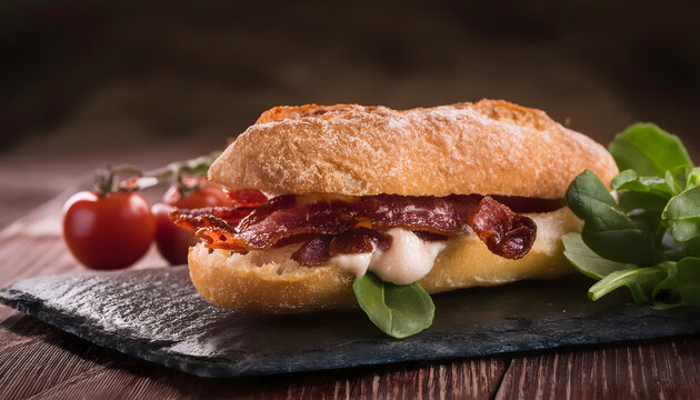 sandwich, speck, mediterran, k&auml;se, rucola, essen, neu, close up, schiefer, modern, makro, getrocknete, tomate, Pfeffer, salat, baguette, br&ouml;tchen, h&ouml;lzern, anlasser, lunch, werbetafel, gastronomie, ad