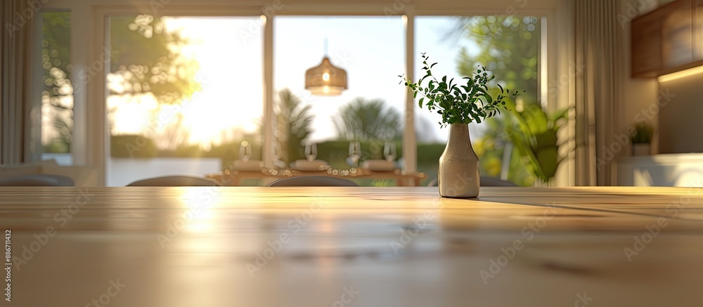 Poster blurry dining room background with a table top setting and space for inserting images. copy space im