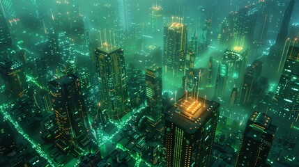Futuristic Smart Cyber City illustration: Innovative Urban Landscape in Digital Circuitry, futuristic technology concept, Graphic Resources, Wallpapers, Brochure, Websites, banner design, Advertising,