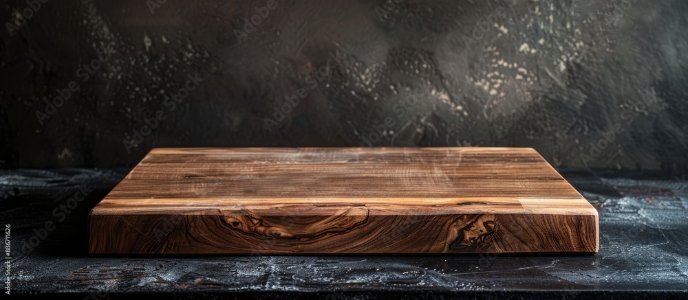 Poster a blank wooden cutting board rests on a dark table ideal for food presentation includes a copy space