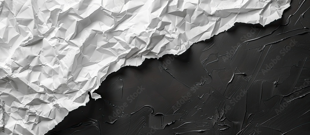 Poster crumpled white paper background with texture top view on a black background with copy space image