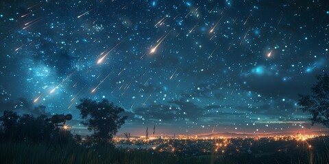 Telescopes under clear night sky for National Astronomy Day, August 10th, starry sky, cosmic view, shooting stars
