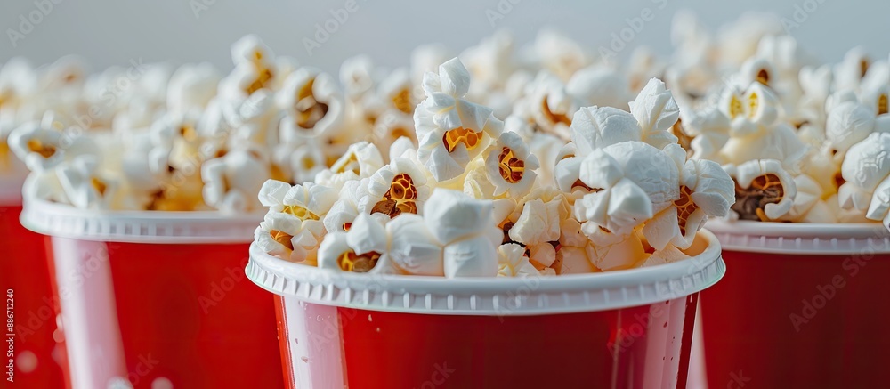 Poster close up of popcorn with red plastic cups filled with a fizzy drink in the background creating a vis