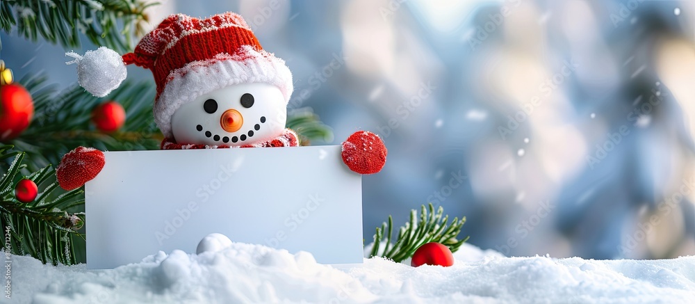 Poster snowman happily positioned behind a blank greeting card in a photograph with ample empty space for t
