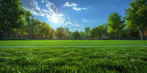 Ultimate frisbee field for National Ultimate Frisbee Day, August 14th, energetic setup, green field, team spirit