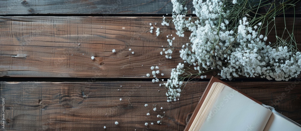 Poster top view of white flowers and a diary laid flat on a wooden surface with a designated area for anoth
