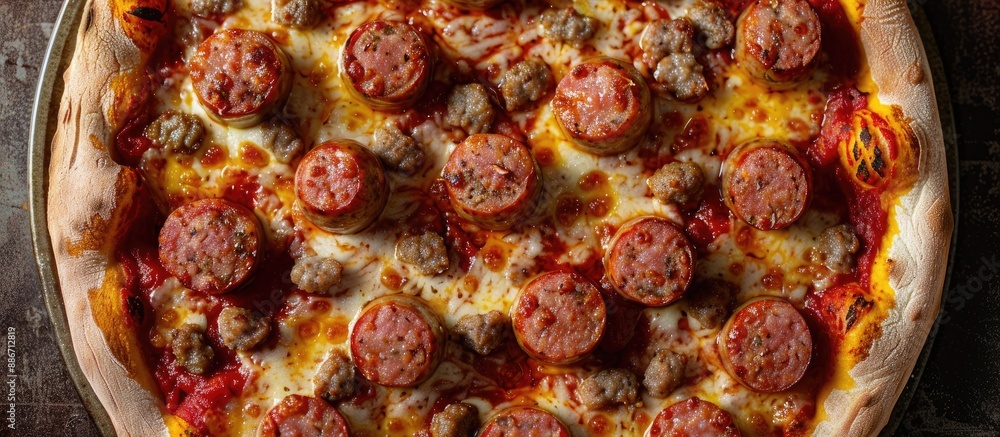 Aufkleber top view of a pizza featuring sausages on a food background with tomato sauce cheese and meat leavin