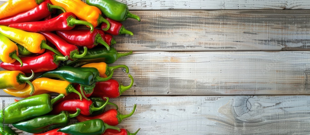 Poster vibrant green yellow and red peppers displayed on a white wooden table with a wooden background crea