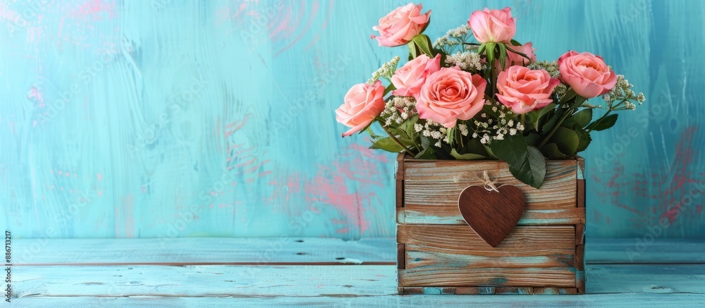 Canvas Prints Rose flower bouquet in a wooden box with a heart sign on a blue backdrop with copy space image