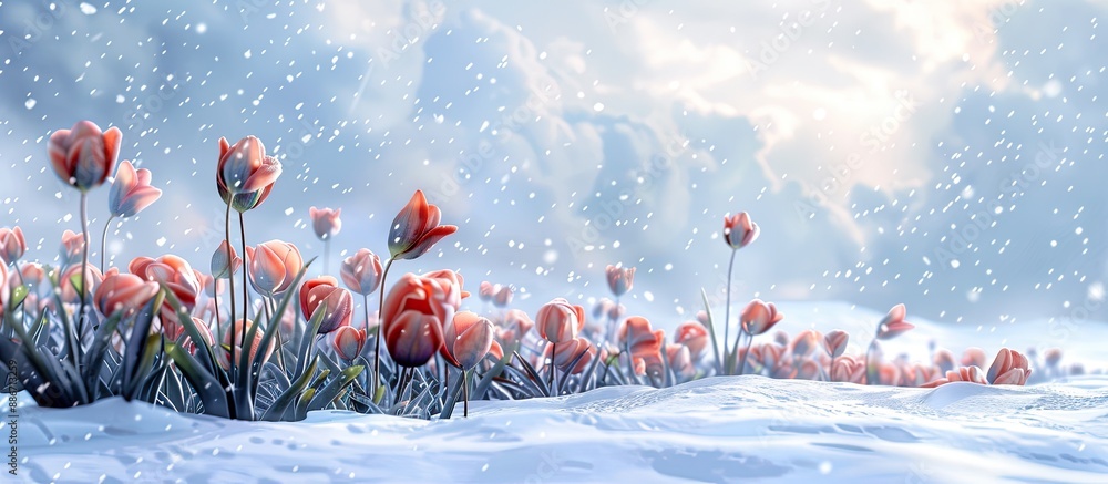 Poster tulips blooming in a snowy field with a copy space image