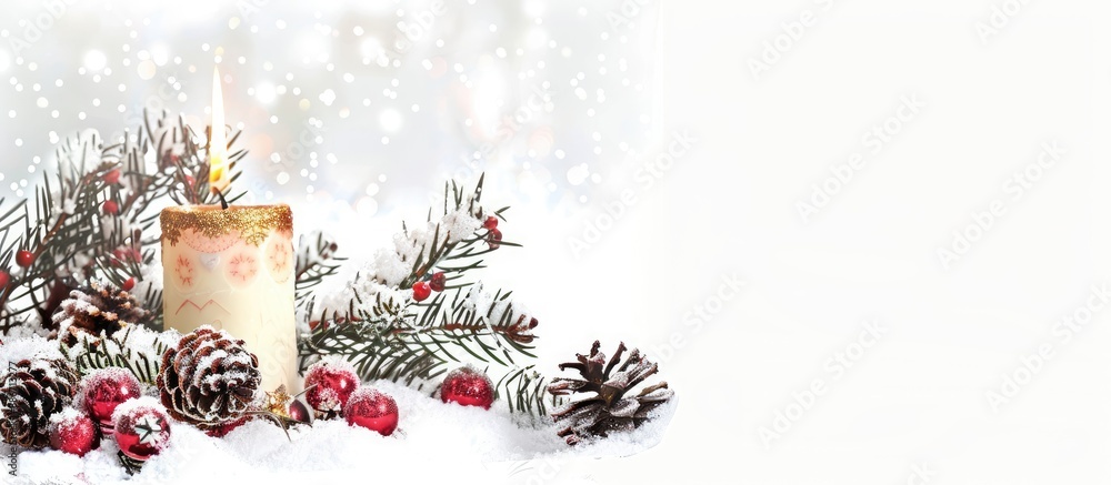Poster white background with a christmas candle creating a festive ambiance in a copy space image
