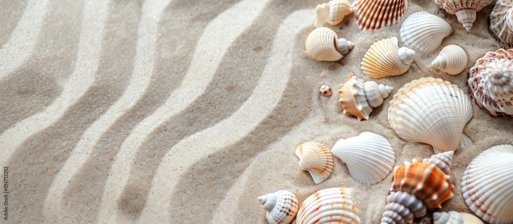 Poster silver sand background with sea shells displayed in a photo frame copy space image