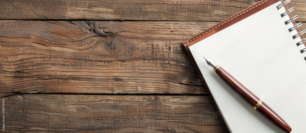 Poster office wooden desk with a pen resting on a blank notepad providing ample copy space image