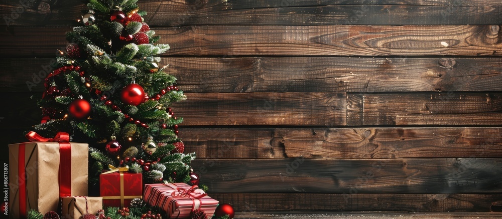 Poster a christmas tree adorned with presents on a rustic wooden backdrop creates a festive scene in this c