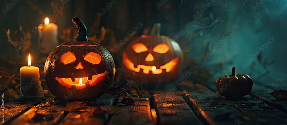 Poster jack o lanterns illuminated by candles on a dark backdrop for a spooky ambiance creating a captivati