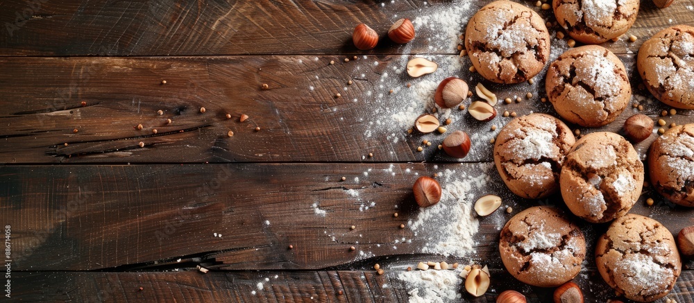 Poster hazelnut cookies placed on a wooden surface with scattered hazelnuts flour and ample copy space imag