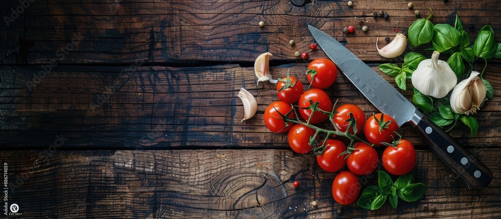 Poster top view of cherry tomatoes garlic basil and parsley for a salad neatly arranged on a wooden backgro