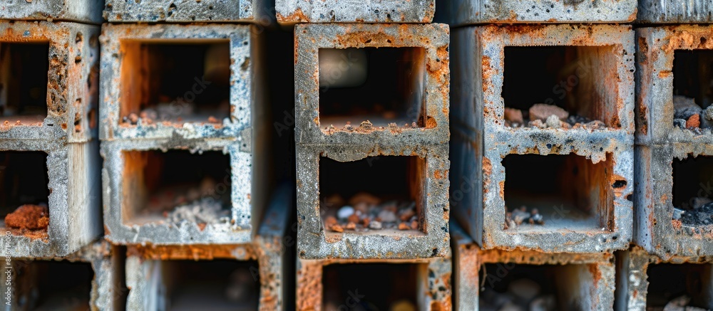 Poster a stack of hollow bricks arranged at a construction site forming a textured abstract square of squar
