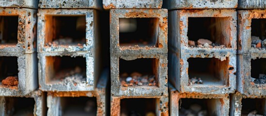 A stack of hollow bricks arranged at a construction site forming a textured abstract square of square construction materials providing a vignette for text in need of a copy space image