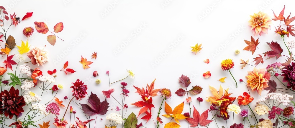 Poster autumn themed arrangement with flowers and leaves on a white background overhead view with space for