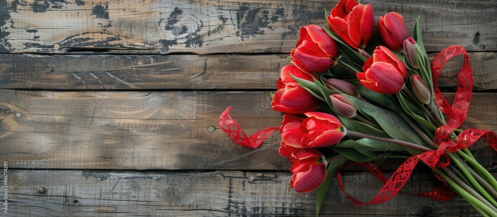 Poster tulip adorned ribbon displayed against a rustic wooden backdrop providing ample copy space image