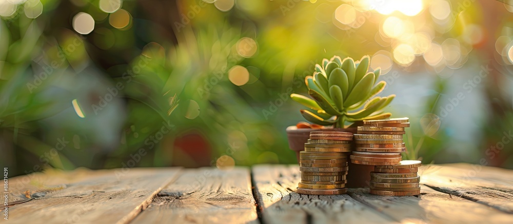 Aufkleber wooden table with stacked coins a green plant and a blurred background perfect for text. copy space 