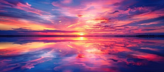 Fototapeta premium Sky with magnificent sunset colors reflecting on a tranquil lake surface in a stunning landscape setting perfect for a comtemplative copy space image