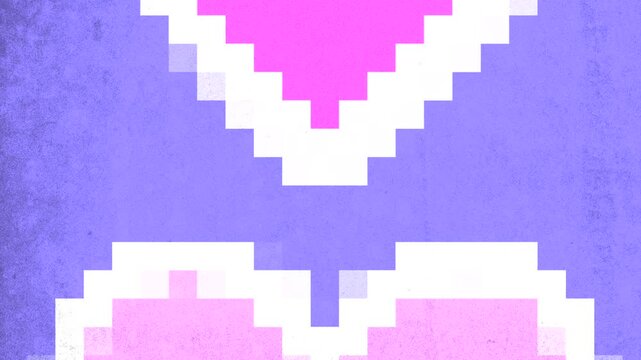 A pixel art heart in various shades of pink and purple with a white outline, placed on a blue background. Simple yet vivid representation of love and affection