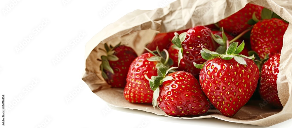 Poster a picture of ripe strawberries in a paper bag on a blank background representing nutritious eating. 