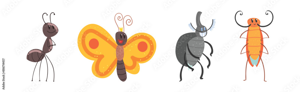 Poster funny insect character with smiling face vector set