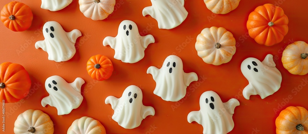 Poster overhead flat lay view of miniature halloween pumpkin ghosts on a surface with space for copy in the