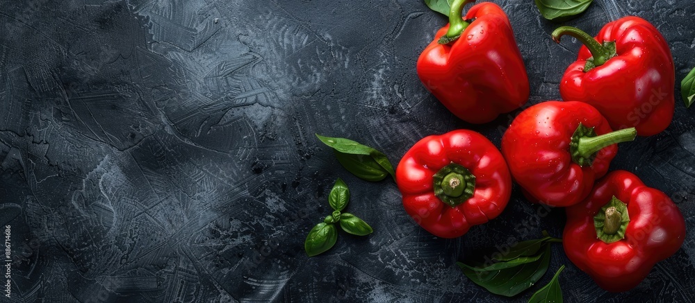 Poster red peppers arranged on dark surface with copy space image