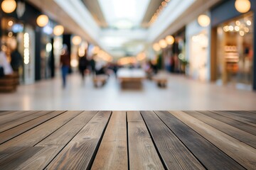 Fototapeta premium Modern shopping mall interior with wooden floor, high ceiling, large windows. Two benches invite visitors to sit and enjoy view. Mall extends into distance with shops visible through windows.
