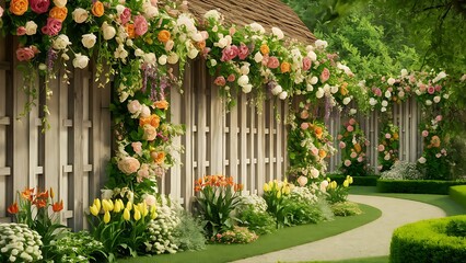 Naklejka premium Wooden wall with flowers in the garden