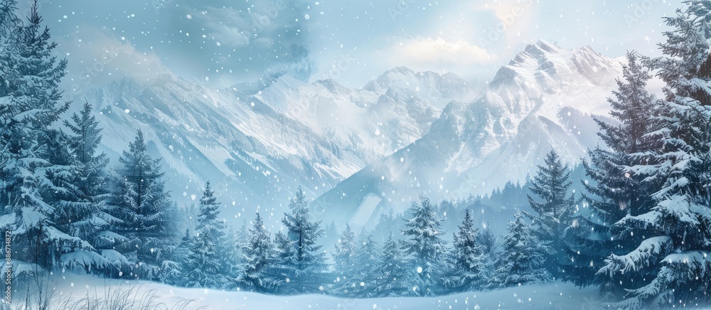 Poster snow covered pine trees with a wintry background of cold and snowy mountains perfect for a copy spac