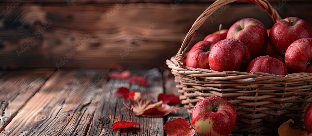 Poster close up image of red apples in a basket on a wooden table with copy space image