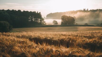 Golden Wheat Field at Sunrise with Mist