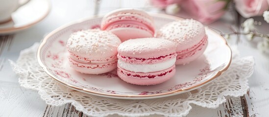 Naklejka premium French macarons a type of sweet meringue cookie are elegantly displayed on a delicate porcelain plate embellished with a rose pattern set against a white wood table with a lace placemat and copy spac