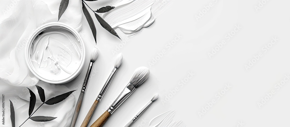 Aufkleber top down view of a pot of white paint and brushes on a blank background with copy space image