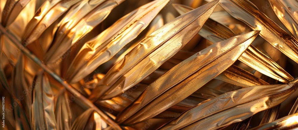 Poster close up of a golden palm leaf with painted metallic plants creating a decorative background with na