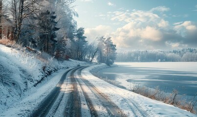 Beautiful landscape of winding snowy asphalt road near the lake