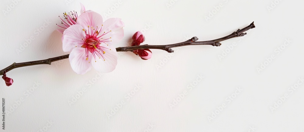 Poster a solitary pink plum flower in spring set against a white backdrop with space for text. copy space i