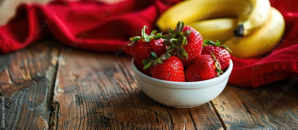 Poster fresh ripe red strawberries and bananas in a small white bowl on an old wooden table with a red fabr