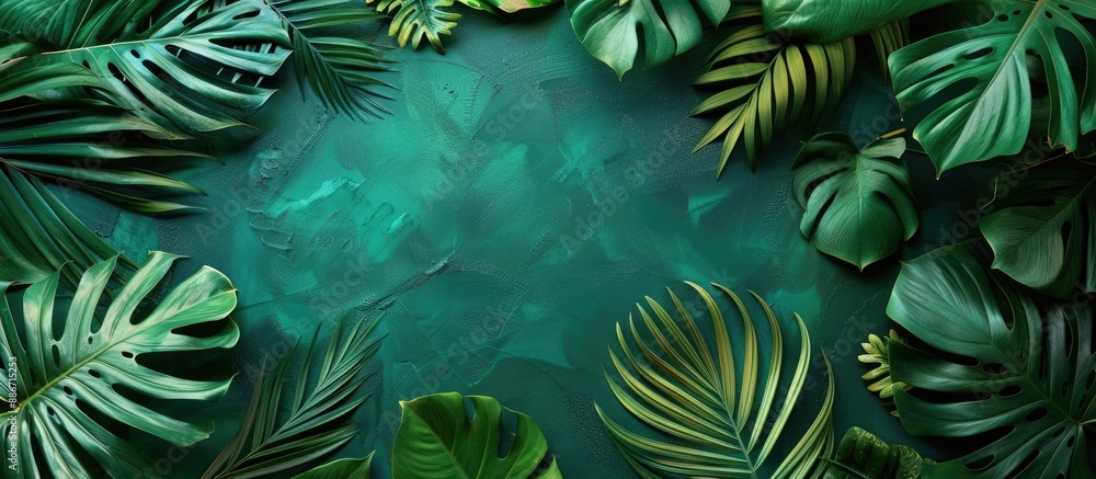 Canvas Prints isolated tropical leaves on green backdrop offer a vibrant creative idea from a top view with ample 